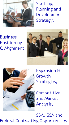 Start-up, Business Positioning & Alignment,
Expansion & Growth Strategies,Competitive and Market Analysis,
SBA, GSA and Federal Contracting Opportunities